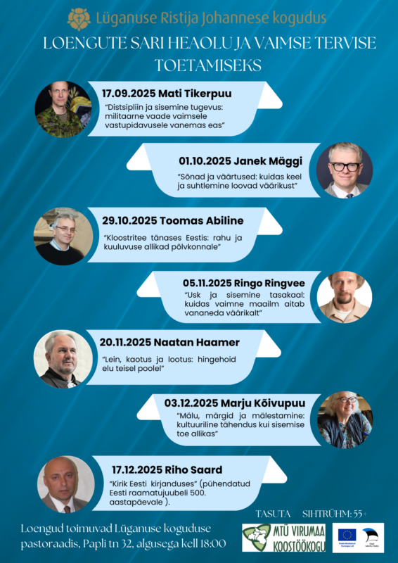 ESF+ toetusega korraldab EELK Lüganuse Ristija Johannese kogudus loengute sarja heaolu ja vaimse tervise toetamiseks. Esimene loeng toimub 17.09.2025Külalisesin